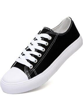 Women's Black White Rubber Sole Low Top Lace Up Canvas Shoes Fashion Sneakers